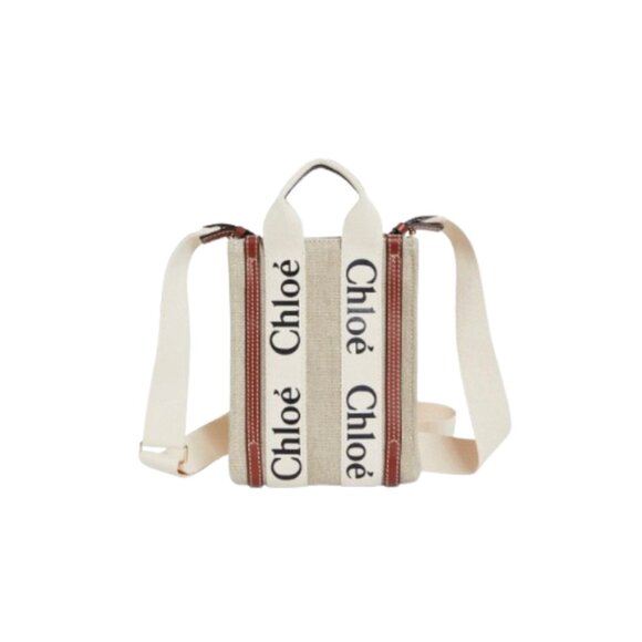 Chloé Mini Woody Linen Canvas North/South Tote- White-Brown - Picture 3 of 15